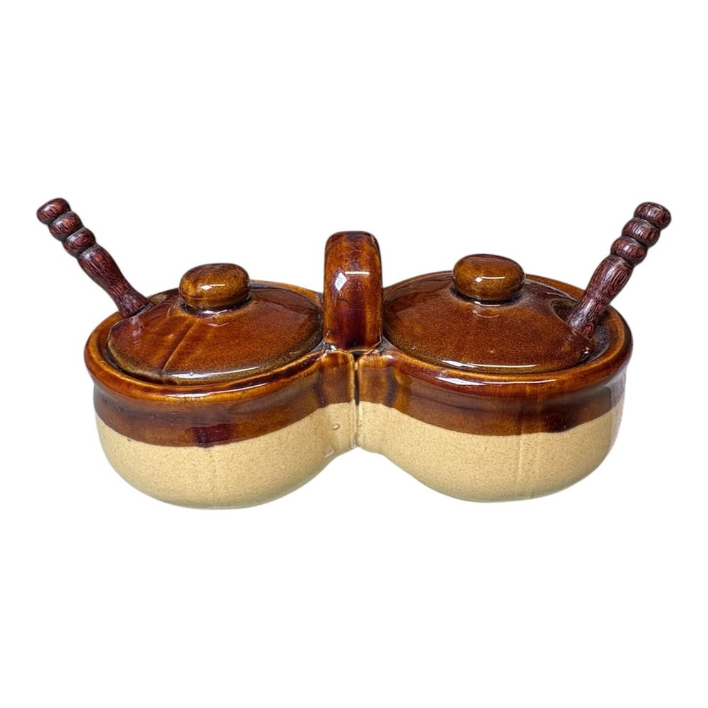Vintage '80s Stoneware Crocks Double Condiment Jam Jelly Lidded Server & Spoons